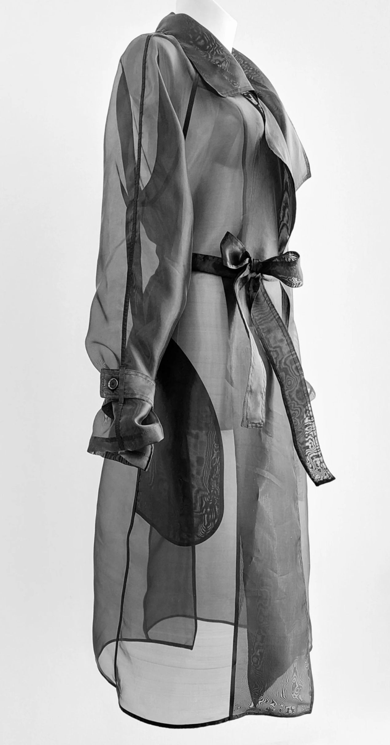 Bkack Classic Trench Coat. Belted Organza Transparent Blazer