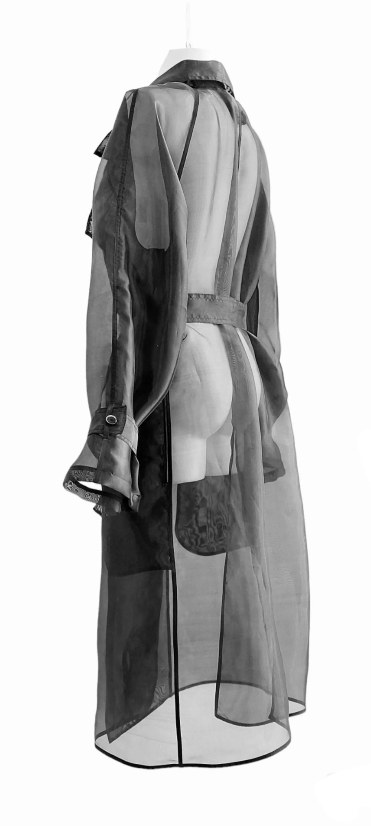 Bkack Classic Trench Coat. Belted Organza Transparent Blazer