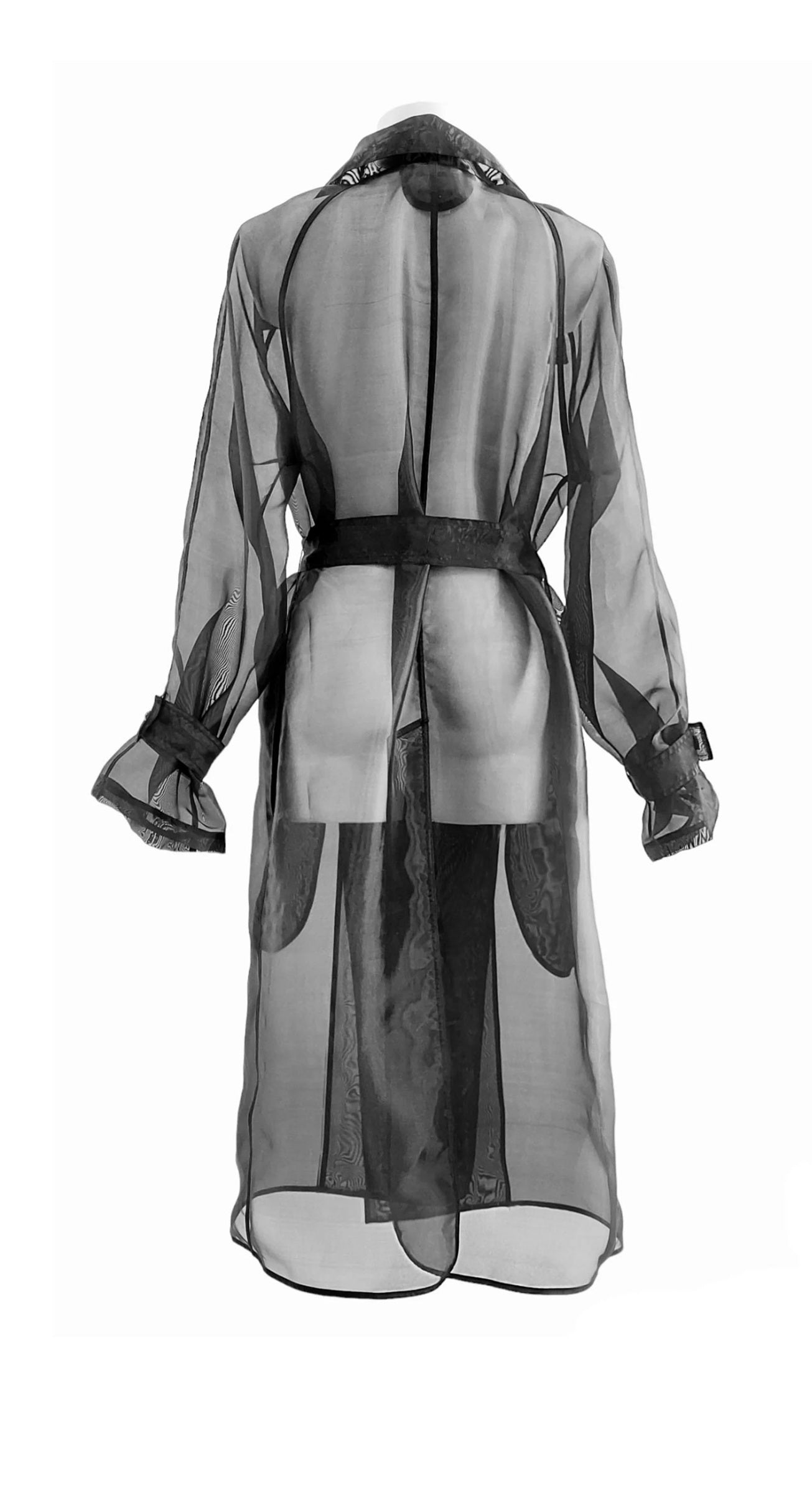 Bkack Classic Trench Coat. Belted Organza Transparent Blazer