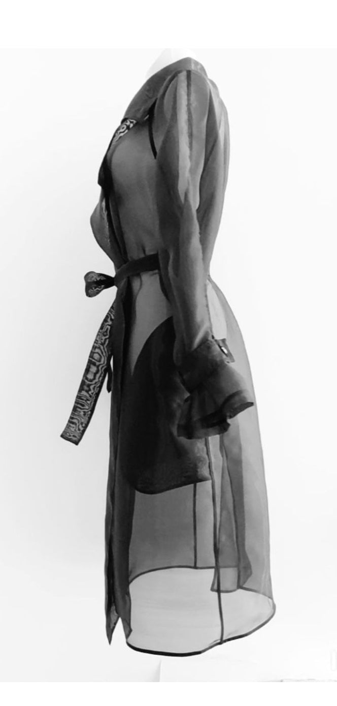 Bkack Classic Trench Coat. Belted Organza Transparent Blazer