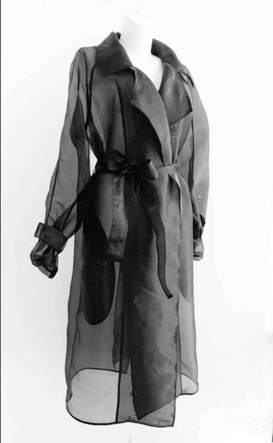 Bkack Classic Trench Coat. Belted Organza Transparent Blazer