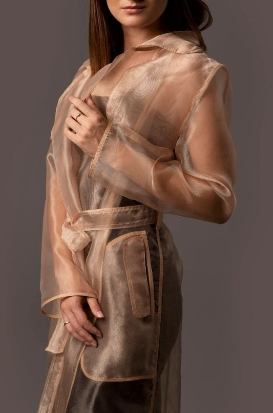 Classic Organza Trench Coat. Women's design clothes. Belted organza coat.